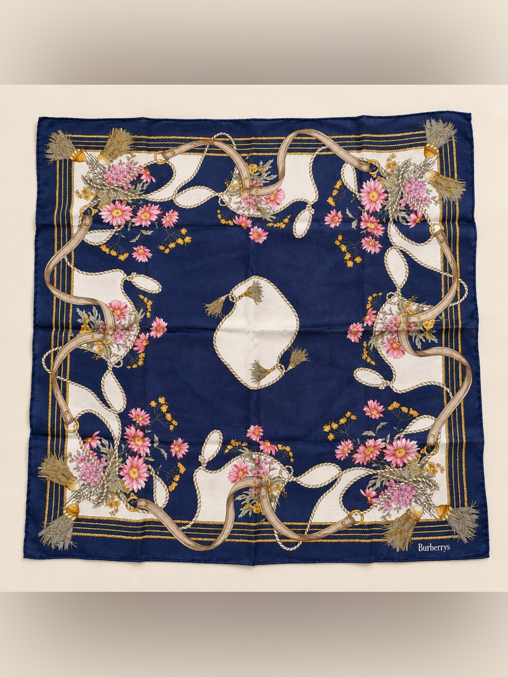 Vintage Burberrys Floral Horse Bridle Cotton Scarf Handkerchief
